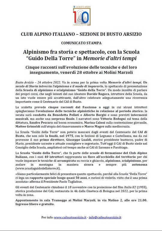 Comunicato Stampa CAI Busto - Alpinismo fra storia e spettacolo